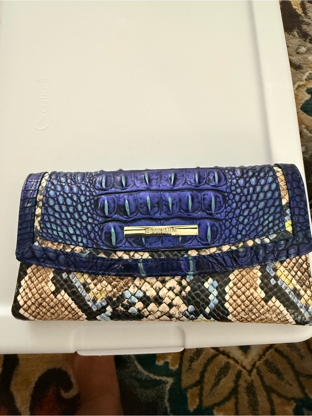 Brahmin Blue & Tan Croc-Embossed and Snakeskin Foldover Wallet